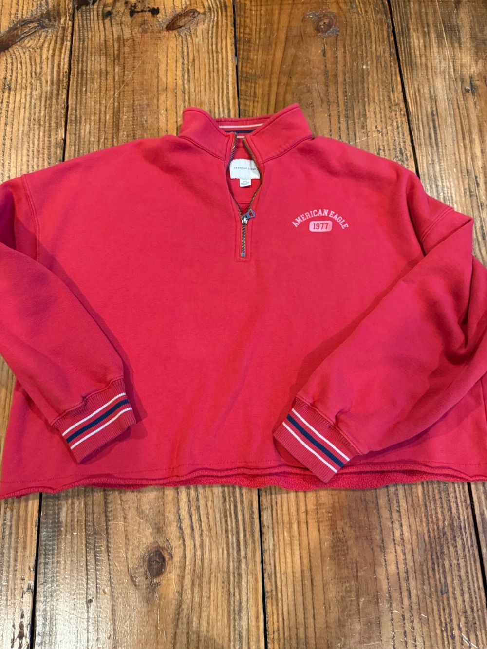 American Eagle Red Cropped Quarter Zip Sweatshirt 1977 Preppy Y2K Large
